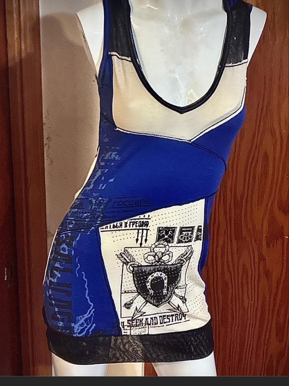 SALVAGE Vintage "Seek And Destroy" Graphic Hooded Rhinestone Tunic/Mini Dress. S